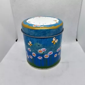 Metal Blue Round Metal Tin With Daisys And Butterfly Design 4cm Tall - Picture 1 of 12