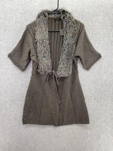 Cardigan donna The Limited aperto davanti collo pelliccia sintetica misto lana medio tortora - Foto 1 di 11