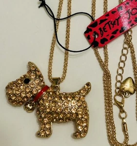Betsey Johnson Brown Crystals Red Bell Collar Puppy Dog Pendant Necklace NWT - Picture 1 of 12