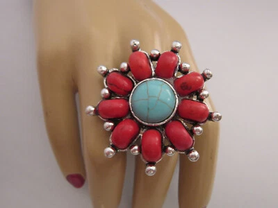 Cocktail Ring Fingerring Damenring Stretchring Silber Türkis Rot Blogger - Bild 1 von 2