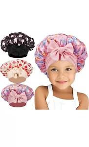 3 Pcs Satin Bonnet for Kids,Sleeping,3 Cute Patterns Bonnet with Tie Band - Picture 1 of 7