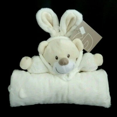 *. Doudou plat Simba Ours blanc écru beige capuche oreille lapin couverture NEUF - Photo 1/4