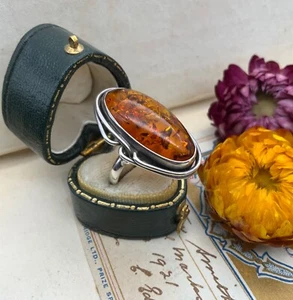 Vintage Sterling Silver Baltic Amber Statement Ring Artisan Deco Inspired UK M - Picture 1 of 11