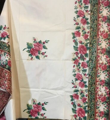 Cotton Fabric Tablecloth Chintz Red Flowers White Background Border 2 Yd x 44" W - Image 1 of 4