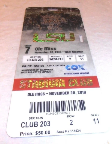 VINTAGE 2010 LSU TIGERS VS. OLE MISS REBELS OLD FOOTBALL TICKET Cover