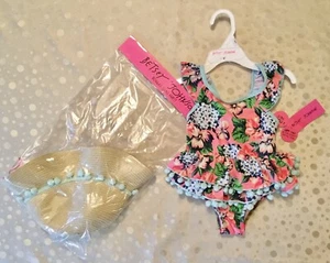 BETSEY JOHNSON Girl’s Floral Pom Pom Swimsuit & Matching Sun Hat Size 2T NEW - Picture 1 of 12