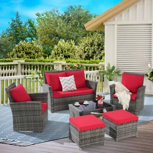 6 Piece Wicker Patio Furniture Sets with Ottoman & Tempered Glass Coffee Table - Picture 1 of 9