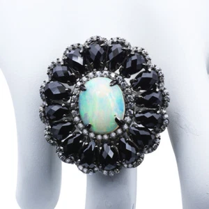 Meher's Jewelry Silver Ring Ethiopian Opal OV 12x10 & Black Spinel Rose Cut - Picture 1 of 5
