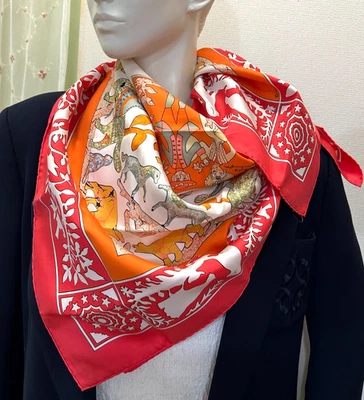 MINT! UNUSED! HERMES EARLY AMERICA Carre 90 Silk Scarf Orange red #r2513 - Image 1 of 4