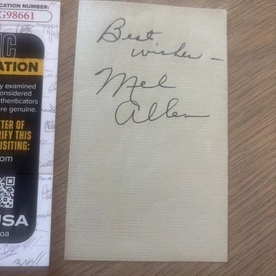 Mel Allen Signed 3x5 Index Card New York Yankees Broadcaster Autograph JSA COA - Image 1 of 3