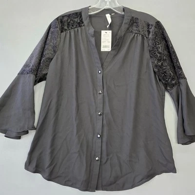 NY Collection Petite Black Velvety Shirt Button Up Blouse V-Neck NEW $44 Women L - Image 1 of 4