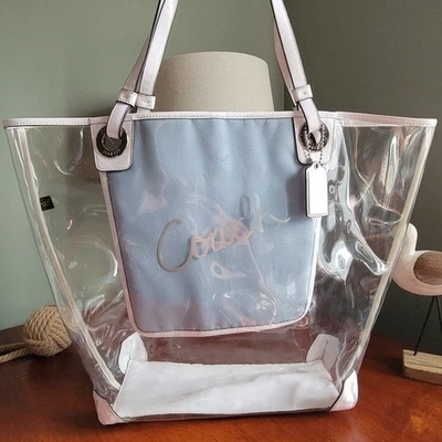 Coach Clear Vinyl & White Leather Oversized Crab Beach Tote #F16594 - Image 1 of 4