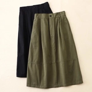 Womens Cotton Blend Cargo Skirt Elastic Waist A Line Japanese Style Casual Midi - Picture 1 of 9