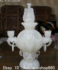 13'' Natural White Jade Handwork Carving Lotus Incensory Incense Burner Censer - Picture 1 of 10