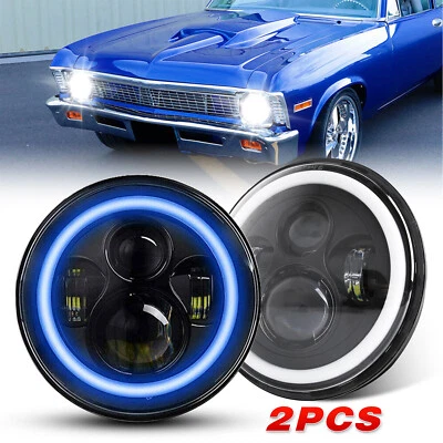 Fit 1967-1972 Chevy C10 Pair 7 inch LED Headlights Round DOT Approved Blue Halo - Image 1 of 4