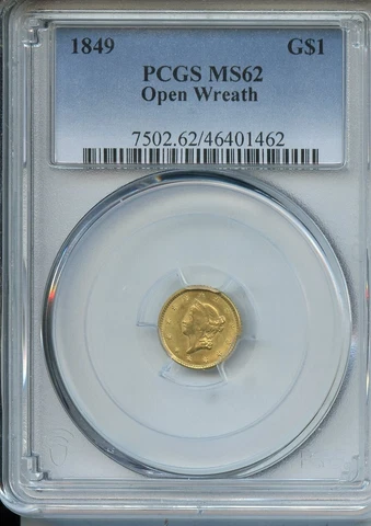 1849 Open Wreath Gold $1 PCGS MS62 Cover