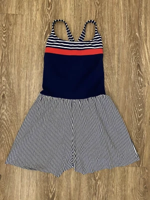 复古 Jantzen 泳装 12 海军蓝 1 件连身裤短裤高腰新品 — 第 1/4 张图片