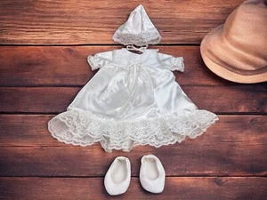 Handmade Satin And Lace Baptism Dress With Bonnet And Shoes Fits Bitty Baby 15” - Picture 1 of 11