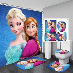 Cartoon Girls Bathroom 4 Pieces Shower Curtain Set,Toilet Lid Cover and Bath Mat - Picture 1 of 3