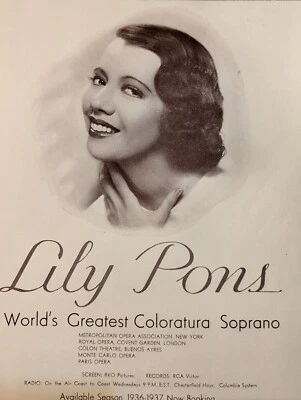 Lily Pons 1936 Booking Ad Musical Performer Concert Soprano - Image 1 of 3
