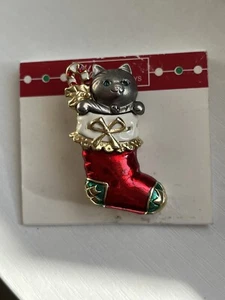 Neu Vintage DANECRAFT Kätzchen Katze WEIHNACHTEN Strumpf BROSCHE ANSTECKNADEL Emaille Strass - Bild 1 von 2