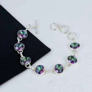 Mystic Topaz Gemstone 925 Sterling Silver Handmade Jewelry Bracelet Size-7-8 - Picture 1 of 9