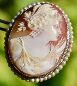 14K WEISSGOLD 1,7 X 1,4" 12,2 GRAMM SAATPERLEN WEIZEN ERNTE KAMEE BROSCHE *15* - Bild 1 von 15