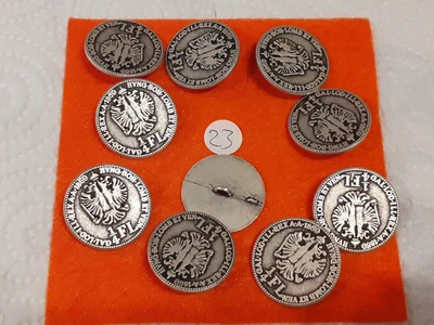 10 BOTTONI TIROLESI SARNER DIRNDL METALLO ARGENTATO FORMA MONETA 25 mm. - Immagine 1 di 2