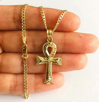 10K Solid Yellow Gold Egyptian Ankh Cross Pendant 18" Necklace - 1.3" Cross - G4 - Image 1 of 4