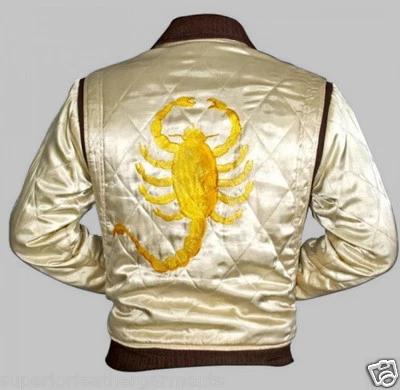 Drive Scorpion Ivory Satin Slim Fit Ryan Gosling Movie Bomber Quilted Jacket - Image 1 of 3
