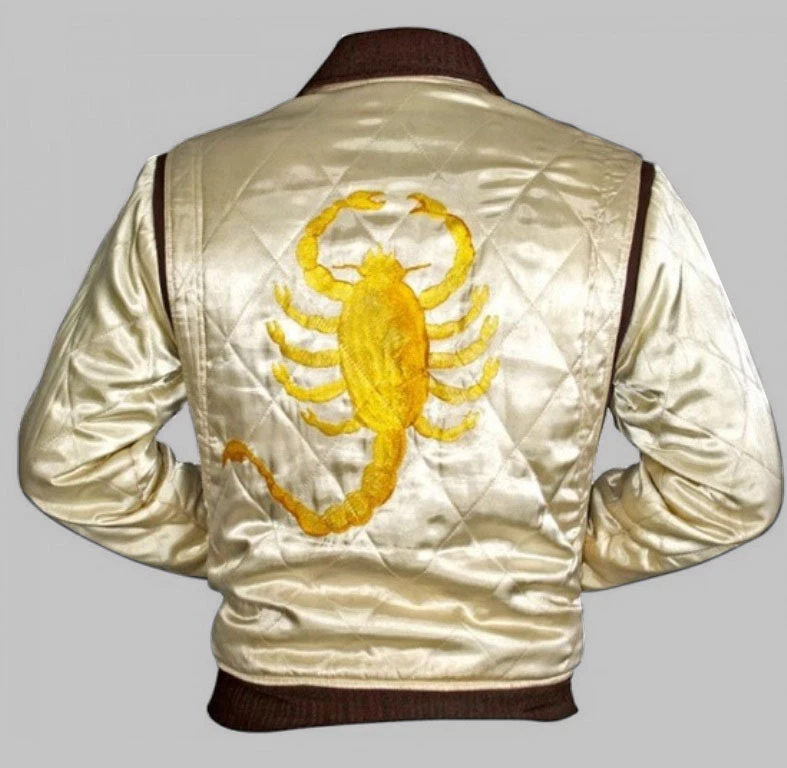 Drive Scorpion Ivory Satin Slim Fit Ryan Gosling Movie Bomber Quilted Jacket - Image 1 of 3