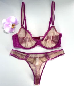 Fleur du Mal Magenta Pink Satin & Mesh Bra Set - Size 34C & M - Like New - Picture 1 of 20
