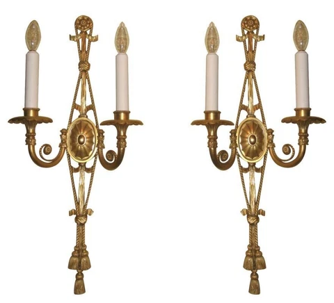 Pair E.F. Caldwell Robert Adam Georgian Style Gilt Bronze Sconces Cover