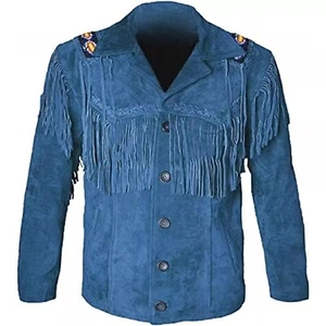 Men Western Suede Leather Jacket Vintage Native American Fringe Cowboy Jacket - Picture 1 of 33