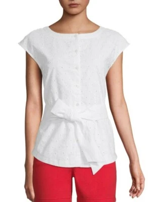 St Johns Bay Womens Sleeveless S Small White Button-Down Belted Embroidered Top - Image 1 of 4