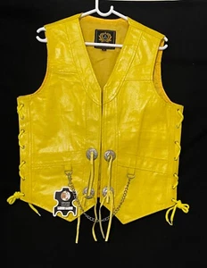 Mens YELLOW Orignal COW LEATHER Vest Chain Concho Motorcycle Biker Waistcoat NEW - Picture 1 of 6