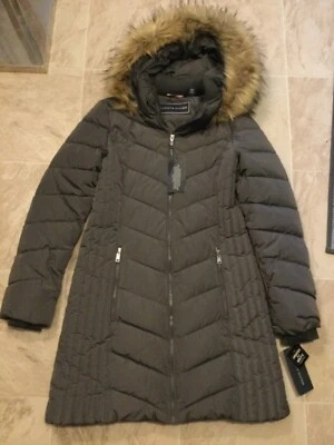 Nuevo Abrigo Tommy Hilfiger Gris Oscuro Imitación Piel Con Capucha Largo Medio Puffer Mujer S Foto 1 de 4