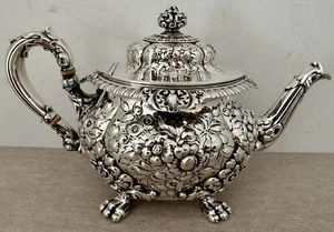 EXCEPTIONAL DOMINICK HAFF STERLING HAND CHASED REPOUSSE PAW FOOTED TEAPOT 1894 - Picture 1 of 12