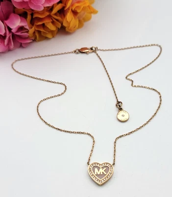 Michael Kors Gold Tone Crystal Heart Logo Pendant Necklace 18" Adjustable - Image 1 of 4