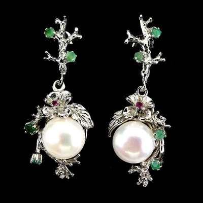 925 Sterling Silver Earrings Round Emerald Pearl Ruby Natural Gemstone Jewelry - Image 1 of 4