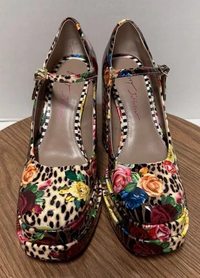 Betsey Johnson 金发乐福鞋花卉豹纹漆皮厚底高跟鞋 — 第 1/4 张图片