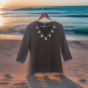 Jones New York Signature Boho Earthy Natural Top Size LG Beaded Detailing V-neck - Bild 1 von 8