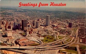 Houston, TX Texas SPAGHETTISCHALE FREEWAY & SKYLINE Luftaufnahme ca1960er Jahre Postkarte - Bild 1 von 2