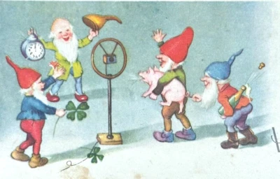 Sweden Santa Elves Pig Champagne Happy New Year Victorian Greeting Card   - Image 1 of 3