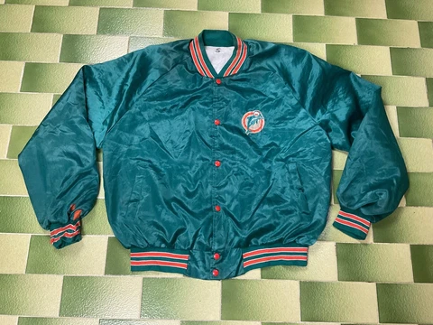 Vintage 90s NFL Miami Dolphins Satin Bomber Jacket Snap Up Fits like XL Cover