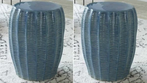 TWO HARBOR GARDEN STOOLS AQUA BLUE GLAZE SCALLOPED EDGE CERAMIC UTTERMOST 25154 - Picture 1 of 5