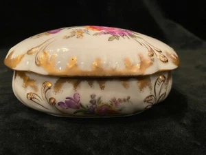 Dresden Porcelain Jewelry Trinket Box Hand Painted Floral Gold, Signed - Picture 1 of 8