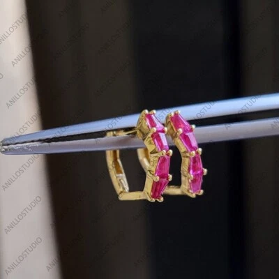 Baguette Cut Ruby Huggie Hoop Earring In 18k Yellow Gold Christmas Gift Jewelry - Image 1 of 4