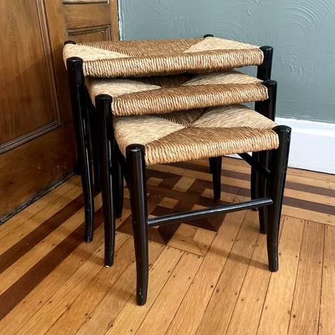 Vintage Italian Rush & Ebonized Wood Nesting Footstools Ottomans ISO Gio Ponti Cover
