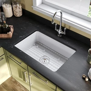 27" Fireclay Undermount/Drop in Kitchen Sink Single Bowl w/ Grid Strainer 3 - Picture 1 of 14